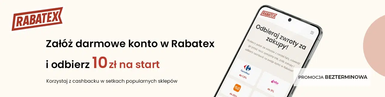 Grafika promująca Rabatex z bonusem 10 zł na start dla nowych użytkowników po założeniu darmowego konta oraz możliwością korzystania z cashbacku w popularnych sklepach.