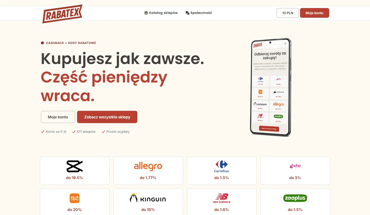 Strona główna Rabatex prezentująca usługę cashback i kody rabatowe oraz przykładowe sklepy z dostępnymi zwrotami za zakupy.