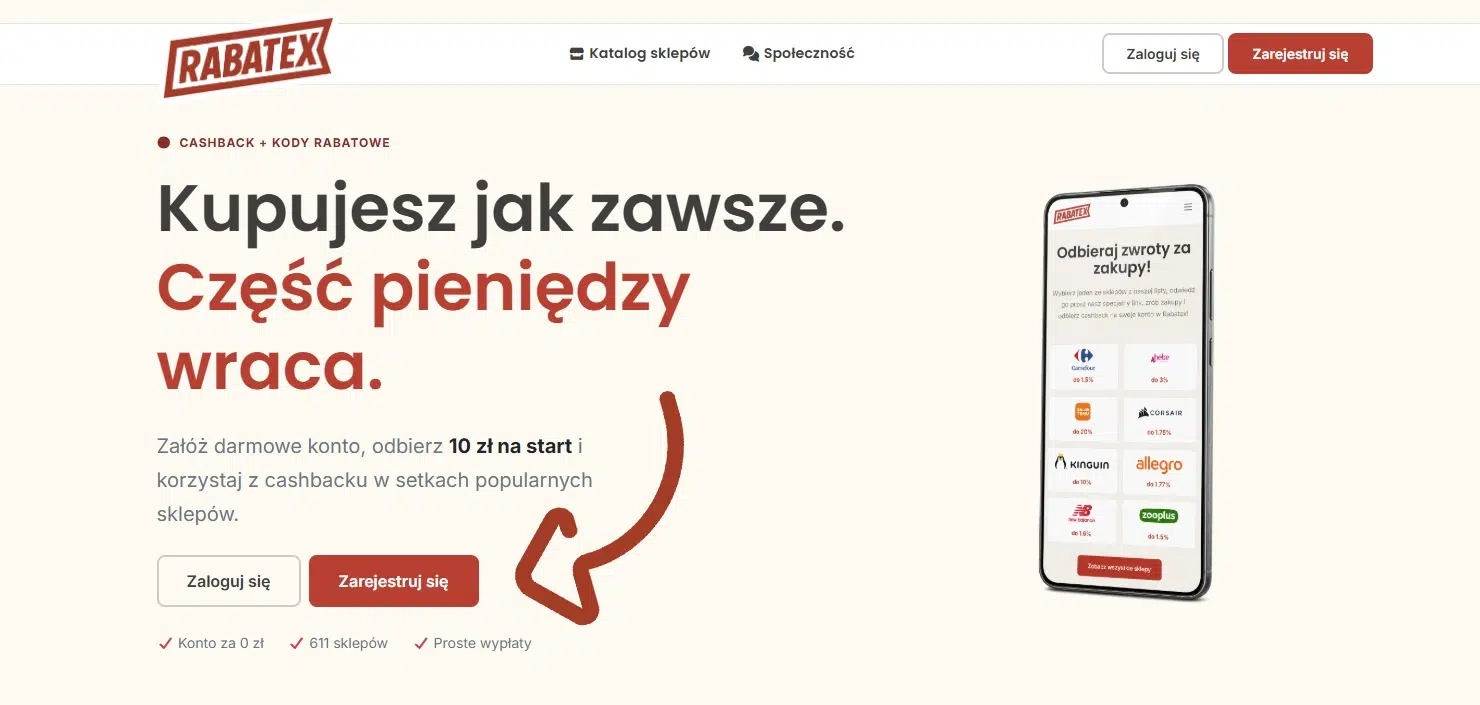 Widok strony Rabatex zachęcającej do założenia darmowego konta i odebrania 10 zł na start oraz korzystania z cashbacku w setkach popularnych sklepów.