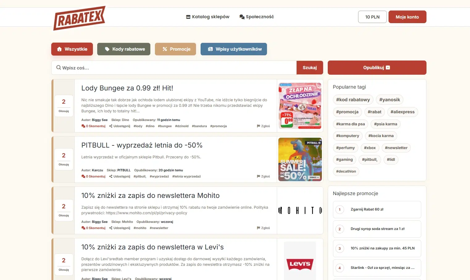 Sekcja społeczności Rabatex z publikowanymi przez użytkowników kodami rabatowymi, promocjami i okazjami zakupowymi oraz możliwością wyszukiwania ofert.