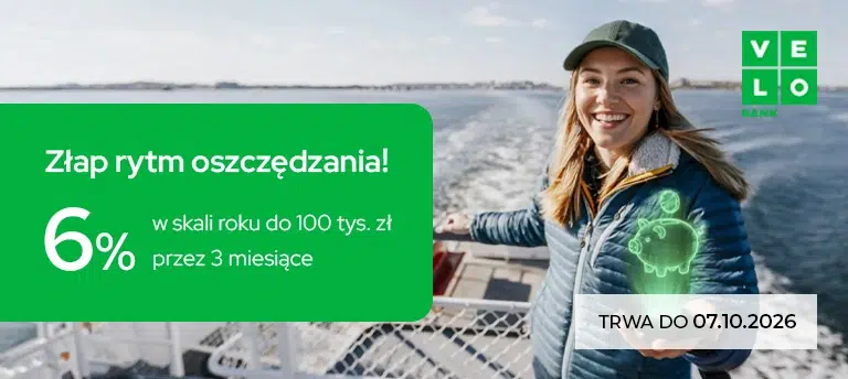 Mobilna grafika VeloBanku promująca Elastyczne Konto Oszczędnościowe z oprocentowaniem 6% w skali roku do 100 tys. zł przez 3 miesiące. Oferta obowiązuje do 7 października 2026 roku.