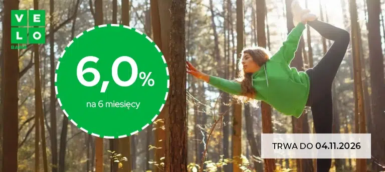 Mobilna grafika VeloBanku promująca VeloLokatę dla Aktywnych z oprocentowaniem 6% w skali roku na 6 miesięcy. Oferta obowiązuje do 4 listopada 2026 roku.