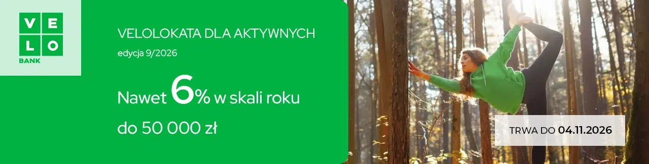 Grafika promująca VeloLokatę dla Aktywnych w VeloBanku z oprocentowaniem do 6% w skali roku dla kwoty do 50 000 zł. Oferta obowiązuje do 4 listopada 2026 roku.