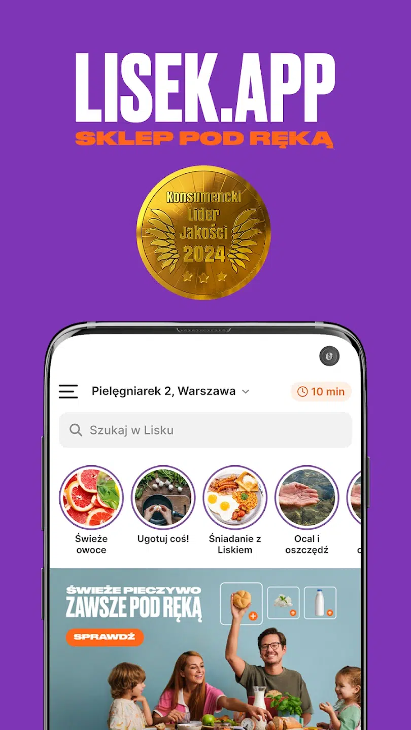 Grafika promująca aplikację Lisek.App do szybkich zakupów spożywczych online, prezentująca mobilny sklep, dostawę w krótkim czasie oraz wyróżnienie Konsumencki Lider Jakości 2024.