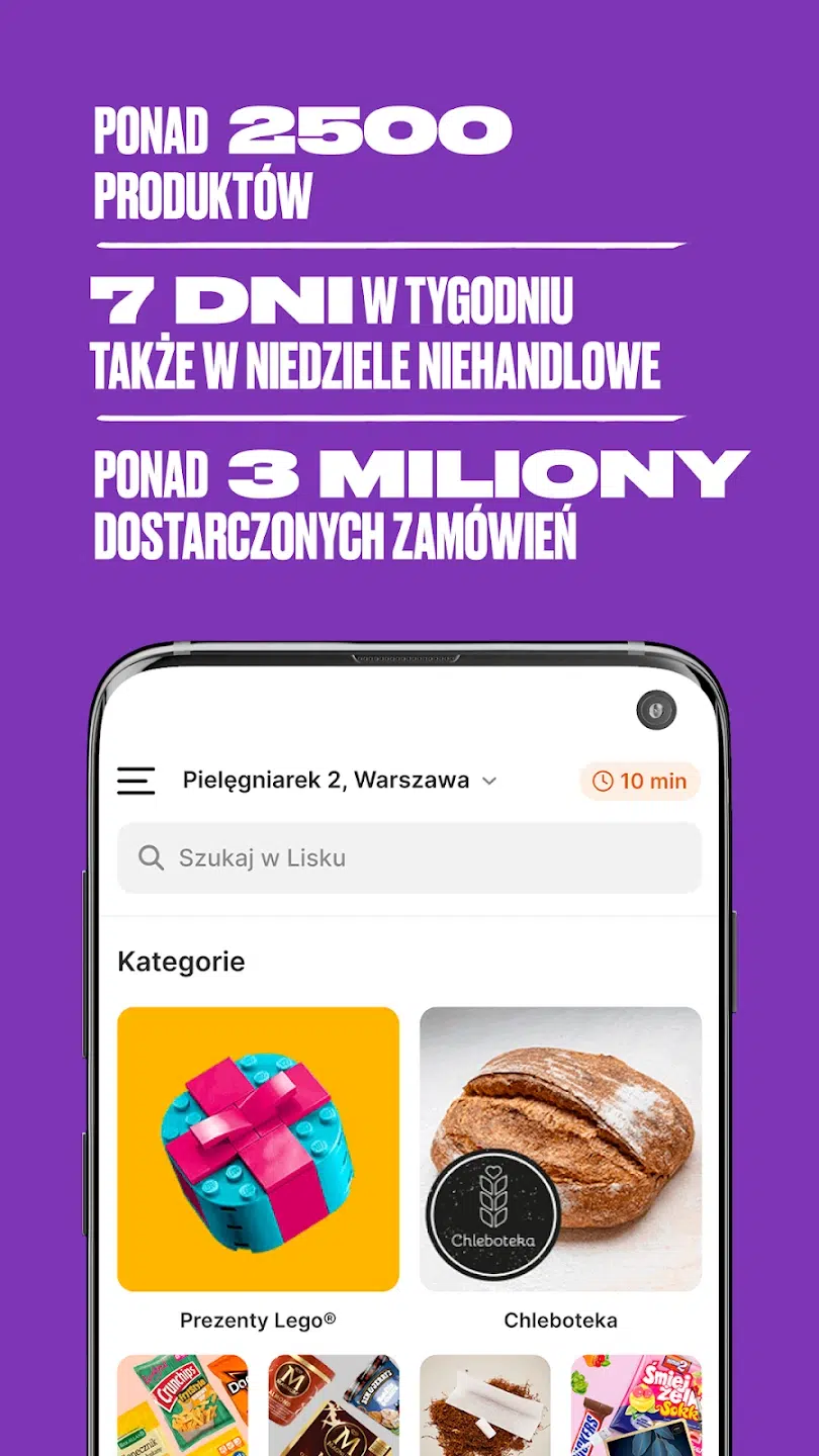 Grafika promująca aplikację Lisek.App, informująca o ofercie ponad 2500 produktów, dostawach 7 dni w tygodniu oraz ponad 3 milionach zrealizowanych zamówień.