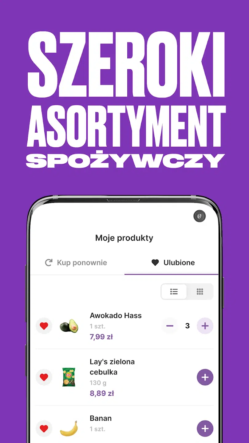 Grafika promująca aplikację Lisek.App, prezentująca szeroki asortyment produktów spożywczych oraz funkcje listy ulubionych i ponownego zakupu w aplikacji mobilnej.