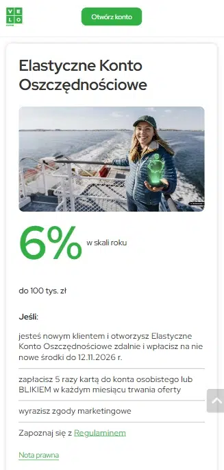 Mobilny widok oferty Elastycznego Konta Oszczędnościowego VeloBanku z oprocentowaniem 6% w skali roku do 100 tys. zł oraz warunkami promocji dla nowych klientów do 12 listopada 2026 roku.