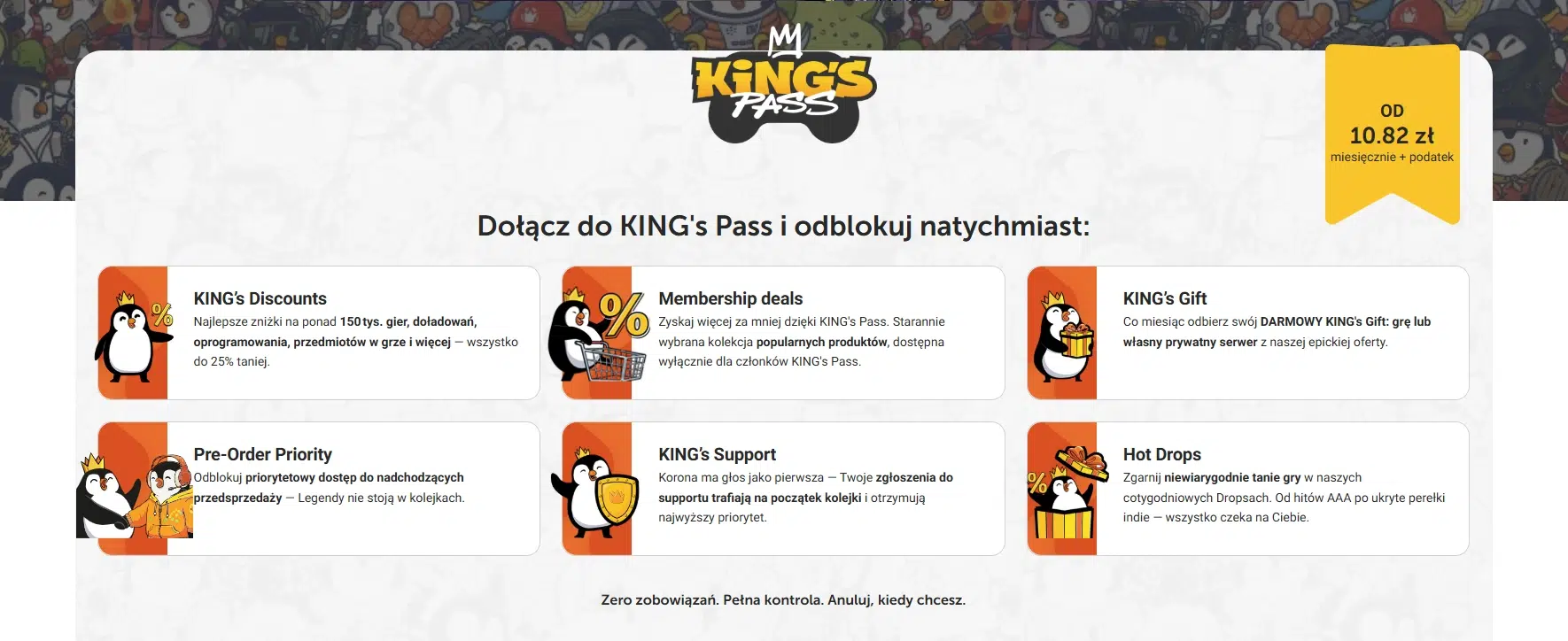 Grafika przedstawiająca ofertę subskrypcji KING’s Pass w Kinguin, obejmującą m.in. dodatkowe zniżki, oferty dla członków, comiesięczny prezent, priorytet w przedsprzedaży i wsparciu oraz cotygodniowe Hot Drops.