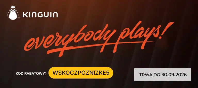 Mobilna grafika promująca kod rabatowy Kinguin WSKOCZPOZNIZKE5, który zapewnia 5% zniżki na gry i oprogramowanie. Kod obowiązuje do 30 września 2026 roku.