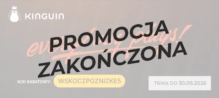 Mobilna grafika promująca kod rabatowy Kinguin WSKOCZPOZNIZKE5, który zapewnia 5% zniżki na gry i oprogramowanie. Kod obowiązuje do 30 września 2026 roku. Po środku napis PROMOCJA ZAKOŃCZONA.