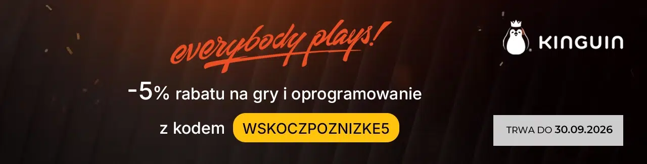 Grafika promująca kod rabatowy Kinguin WSKOCZPOZNIZKE5, który daje 5% zniżki na gry i oprogramowanie. Kod obowiązuje do 30 września 2026 roku.