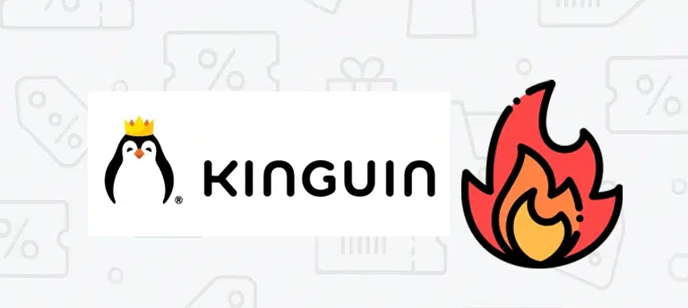 Grafika przedstawiająca logo Kinguin, dotycząca aktualnych kodów rabatowych, promocji i ofert specjalnych dostępnych w sklepie Kinguin.