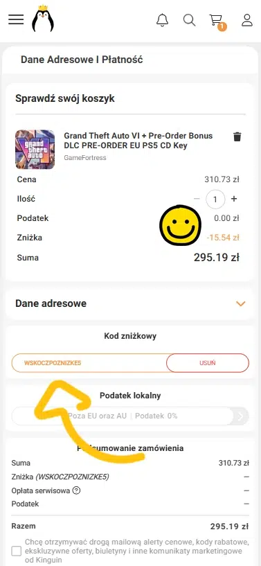 Mobilny widok koszyka Kinguin z aktywnym kodem rabatowym WSKOCZPOZNIZKE5, który obniża wartość zamówienia o 5% przed finalizacją zakupu.