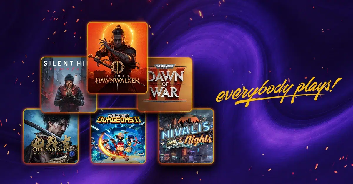 Grafika Kinguin z hasłem „everybody plays!” prezentująca wybrane gry dostępne w sklepie, m.in. The Blood of Dawnwalker, Silent Hill f, Warhammer 40,000: Dawn of War IV i Minecraft Dungeons II.