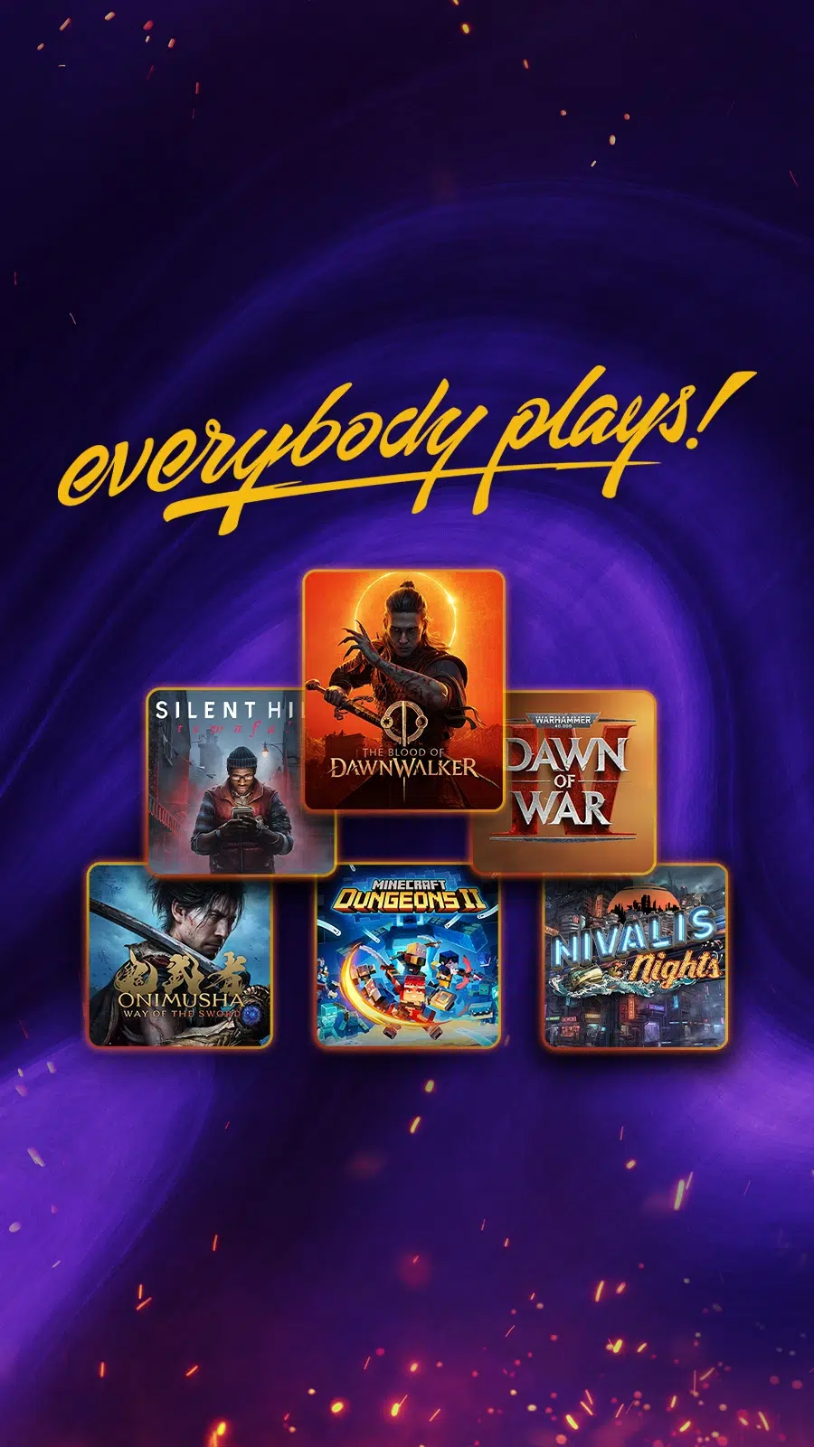 Pionowa grafika Kinguin z hasłem „everybody plays!”, prezentująca wybrane gry dostępne w sklepie, m.in. The Blood of Dawnwalker, Silent Hill f, Warhammer 40,000: Dawn of War IV i Minecraft Dungeons II.