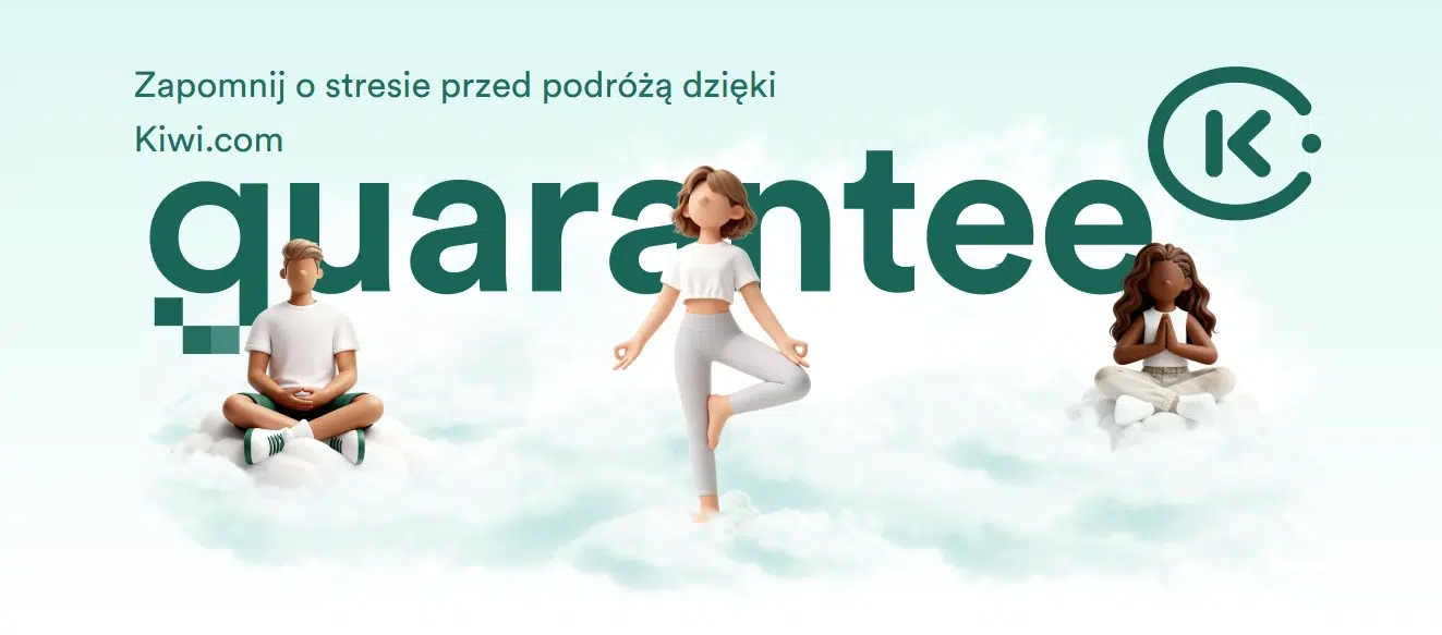 Grafika promująca Kiwi.com Guarantee, usługę mającą ograniczać stres związany z podróżą i zapewniać dodatkowe wsparcie w przypadku problemów z rezerwacją lub lotem.