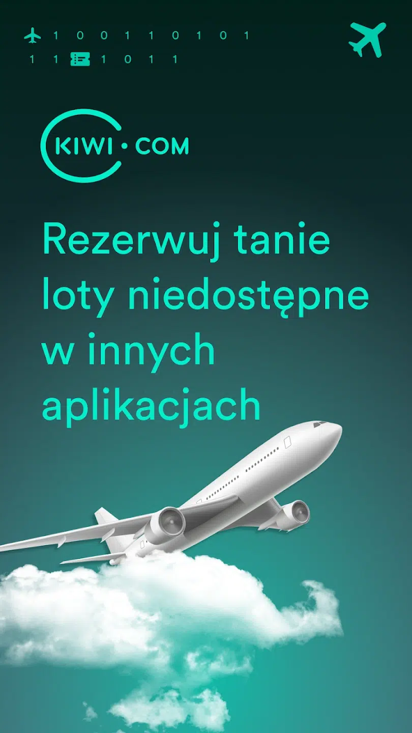 Grafika promująca aplikację Kiwi.com do wyszukiwania i rezerwacji tanich lotów, w tym połączeń niedostępnych w innych aplikacjach.