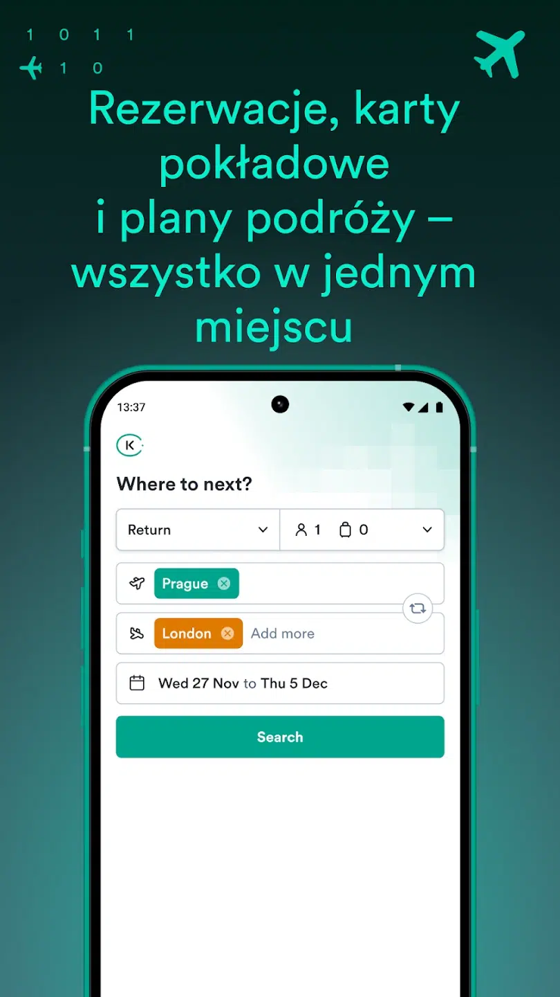 Grafika promująca aplikację Kiwi.com, która umożliwia wyszukiwanie i rezerwację lotów, przechowywanie kart pokładowych oraz zarządzanie planem podróży w jednym miejscu.