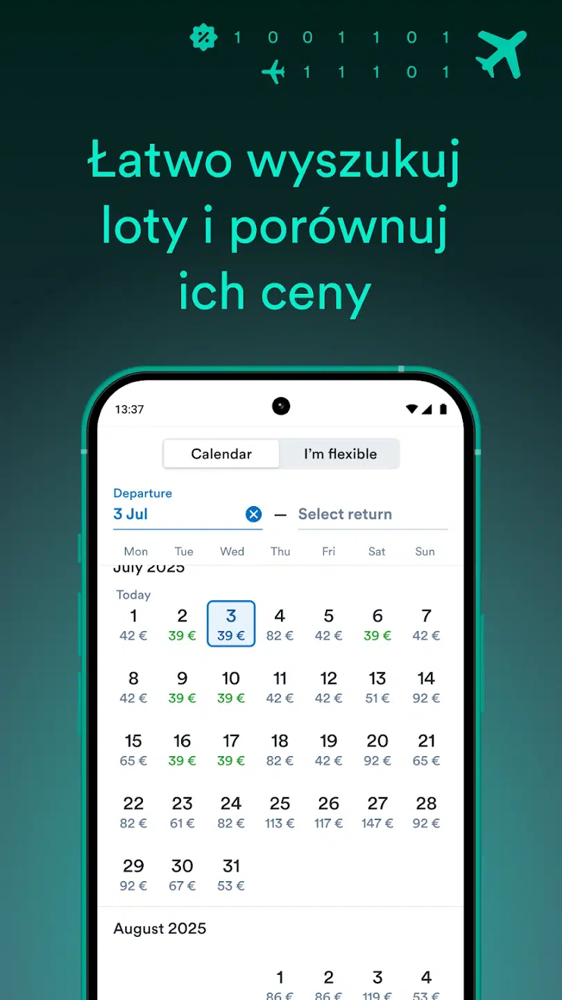 Grafika promująca aplikację Kiwi.com, pokazująca funkcję wyszukiwania lotów i porównywania cen biletów w kalendarzu, aby łatwiej znaleźć tańsze terminy podróży.