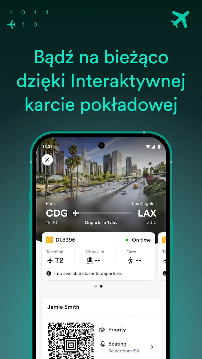 Grafika promująca aplikację Kiwi.com, przedstawiająca interaktywną kartę pokładową z aktualnymi informacjami o locie, terminalu, odprawie i statusie podróży.
