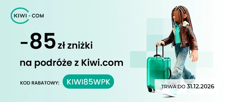 Mobilna grafika Kiwi.com promująca kod rabatowy KIWI85WPK, który daje 85 zł zniżki na podróże. Kod obowiązuje do 31 grudnia 2026 roku.