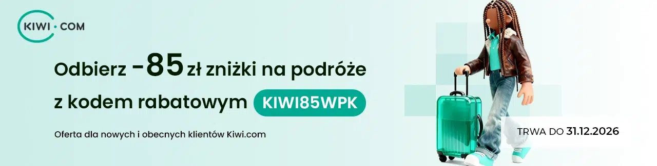 Grafika promująca kod rabatowy Kiwi.com KIWI85WPK, który daje 85 zł zniżki na podróże dla nowych i obecnych klientów. Kod obowiązuje do 31 grudnia 2026 roku.