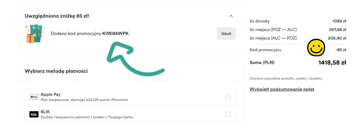 Widok podsumowania rezerwacji w Kiwi.com z aktywnym kodem rabatowym KIWI85WPK, który obniża cenę podróży o 85 zł przed finalizacją płatności.