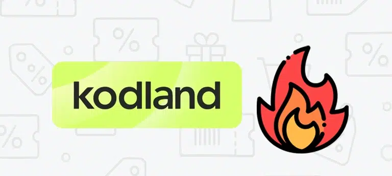Grafika przedstawiająca logo Kodland, dotycząca aktualnych kodów rabatowych, promocji i ofert specjalnych na kursy programowania i zajęcia online dla dzieci.