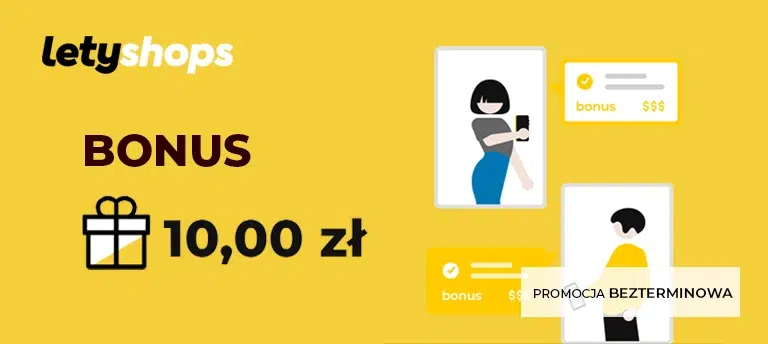 Mobilna grafika promująca bonus powitalny LetyShops, w którym po rejestracji z zaproszenia można otrzymać 10 zł na start. Promocja jest bezterminowa.