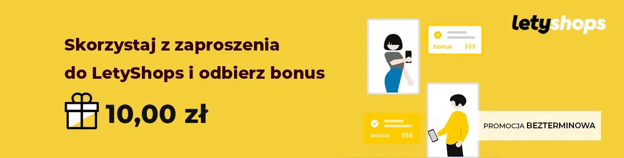 Grafika promująca bonus powitalny LetyShops, w którym po rejestracji z zaproszenia można otrzymać 10 zł premii na start. Promocja jest bezterminowa.