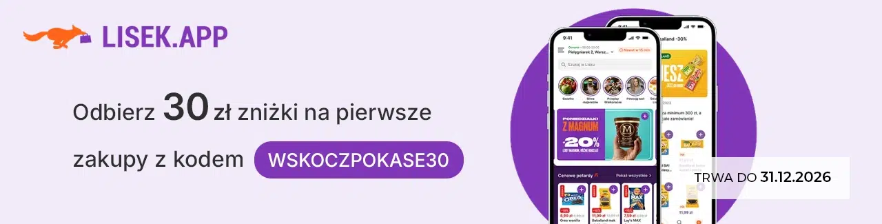 Grafika promująca kod rabatowy Lisek.App WSKOCZPOKASE30, który daje 30 zł zniżki na pierwsze zakupy. Kod obowiązuje do 31 grudnia 2026 roku.