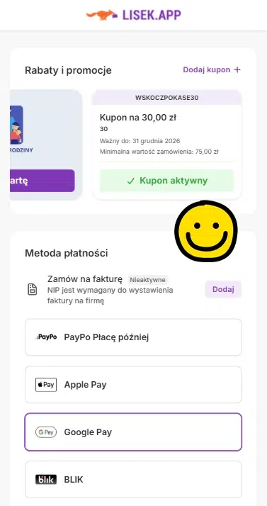 Mobilny widok Lisek.App z aktywnym kodem rabatowym WSKOCZPOKASE30, który daje 30 zł zniżki na pierwsze zakupy przy zamówieniu o wartości co najmniej 75 zł.
