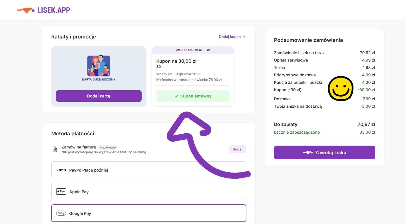 Widok podsumowania zamówienia w Lisek.App z aktywnym kodem rabatowym WSKOCZPOKASE30, który obniża wartość pierwszych zakupów o 30 zł.
