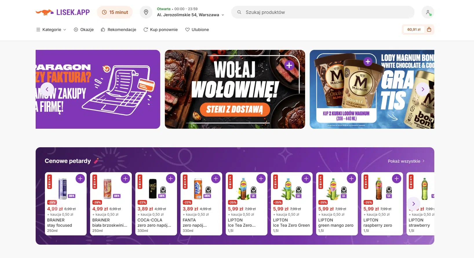Widok strony głównej Lisek.App prezentujący zakupy spożywcze online z szybką dostawą, aktualne promocje, okazje cenowe i ofertę popularnych produktów dostępnych w aplikacji.
