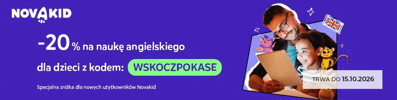Grafika promująca kod rabatowy Novakid WSKOCZPOKASE, który daje 20% zniżki na naukę języka angielskiego dla dzieci. Oferta dla nowych użytkowników obowiązuje do 15 października 2026 roku.