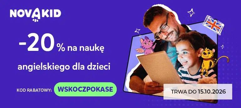 Mobilna grafika Novakid promująca kod rabatowy WSKOCZPOKASE, który daje 20% zniżki na naukę języka angielskiego dla dzieci. Oferta obowiązuje do 15 października 2026 roku.