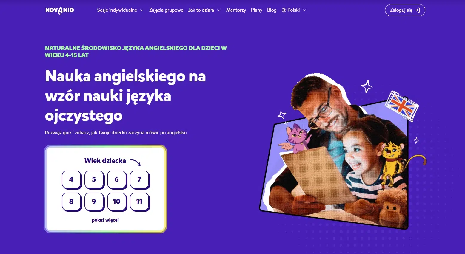 Widok strony głównej Novakid, szkoły języka angielskiego online dla dzieci w wieku 4–15 lat, prezentujący naukę poprzez indywidualne i grupowe zajęcia z lektorami.