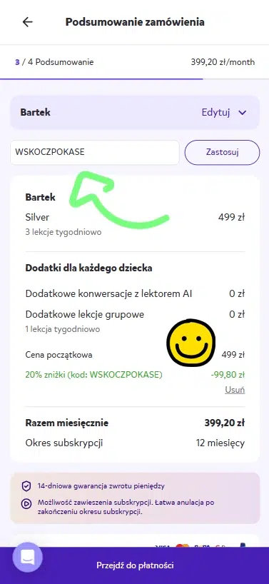 Mobilny widok podsumowania zamówienia w Novakid z kodem rabatowym WSKOCZPOKASE, który obniża cenę planu Silver o 20% – z 499 zł do 399,20 zł miesięcznie.