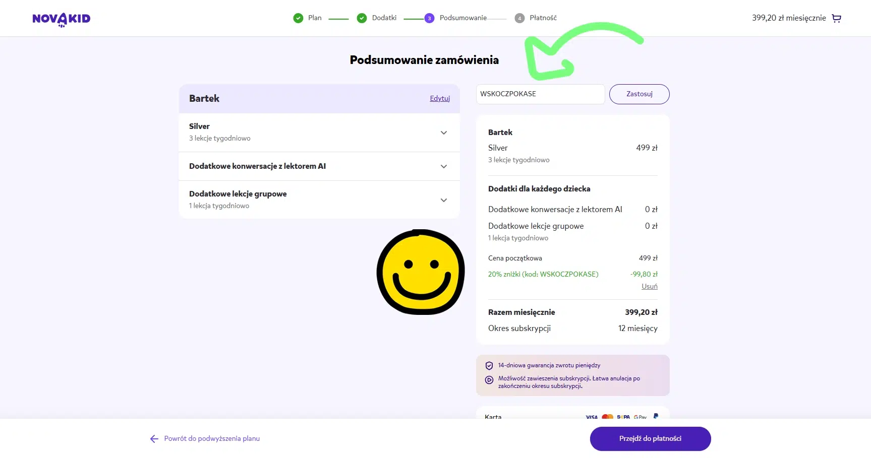 Widok podsumowania zamówienia w Novakid z aktywnym kodem rabatowym WSKOCZPOKASE, który obniża cenę planu Silver o 20% – z 499 zł do 399,20 zł miesięcznie.