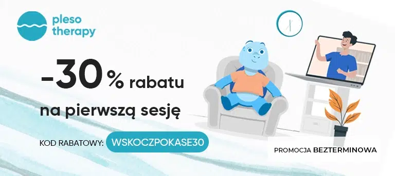 Mobilna grafika Pleso Therapy promująca kod rabatowy WSKOCZPOKASE30, który daje 30% zniżki na pierwszą sesję psychoterapii online dla nowych klientów. Promocja jest bezterminowa.