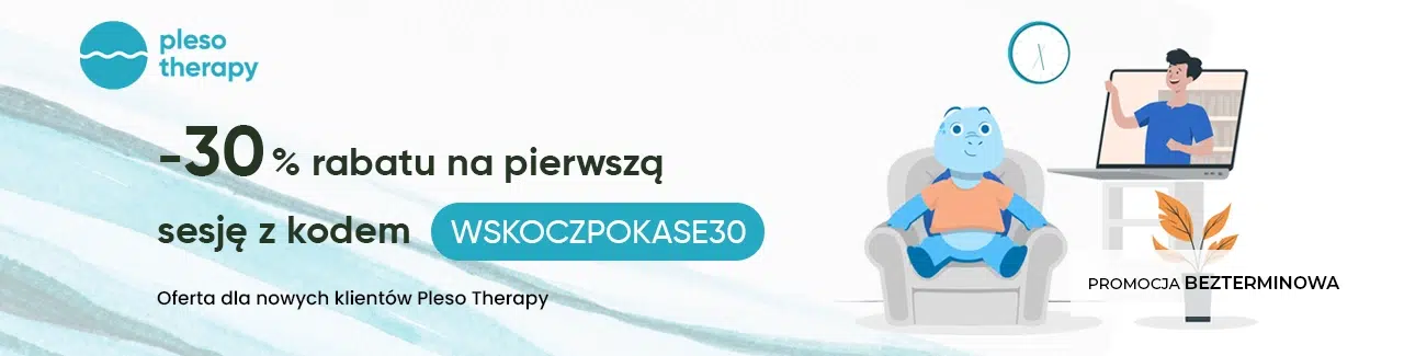 Grafika promująca kod rabatowy Pleso Therapy WSKOCZPOKASE30, który daje 30% zniżki na pierwszą sesję psychoterapii online dla nowych klientów. Promocja jest bezterminowa.