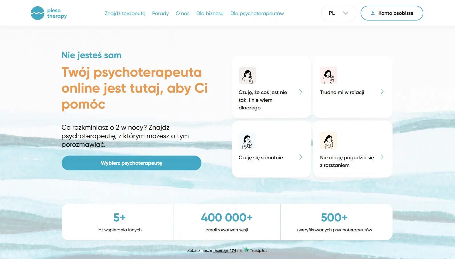 Strona główna Pleso Therapy prezentująca psychoterapię online, możliwość wyboru psychoterapeuty oraz przykładowe obszary wsparcia.