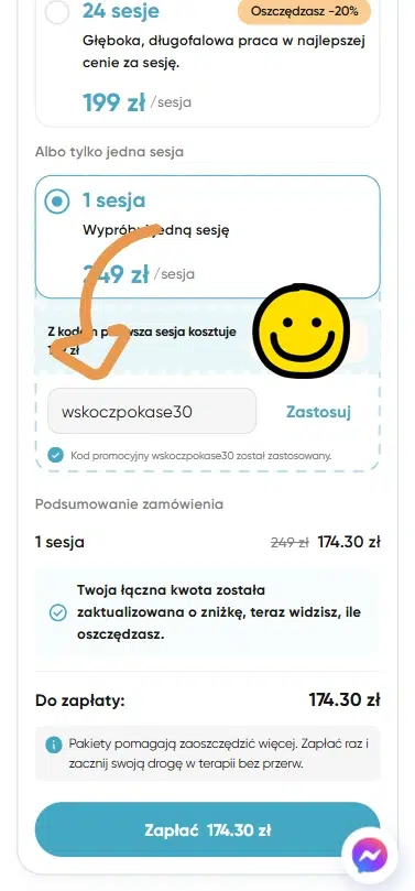 Mobilny widok płatności w Pleso Therapy z aktywnym kodem rabatowym WSKOCZPOKASE30, który obniża cenę pierwszej sesji psychoterapii online z 249 zł do 174,30 zł.