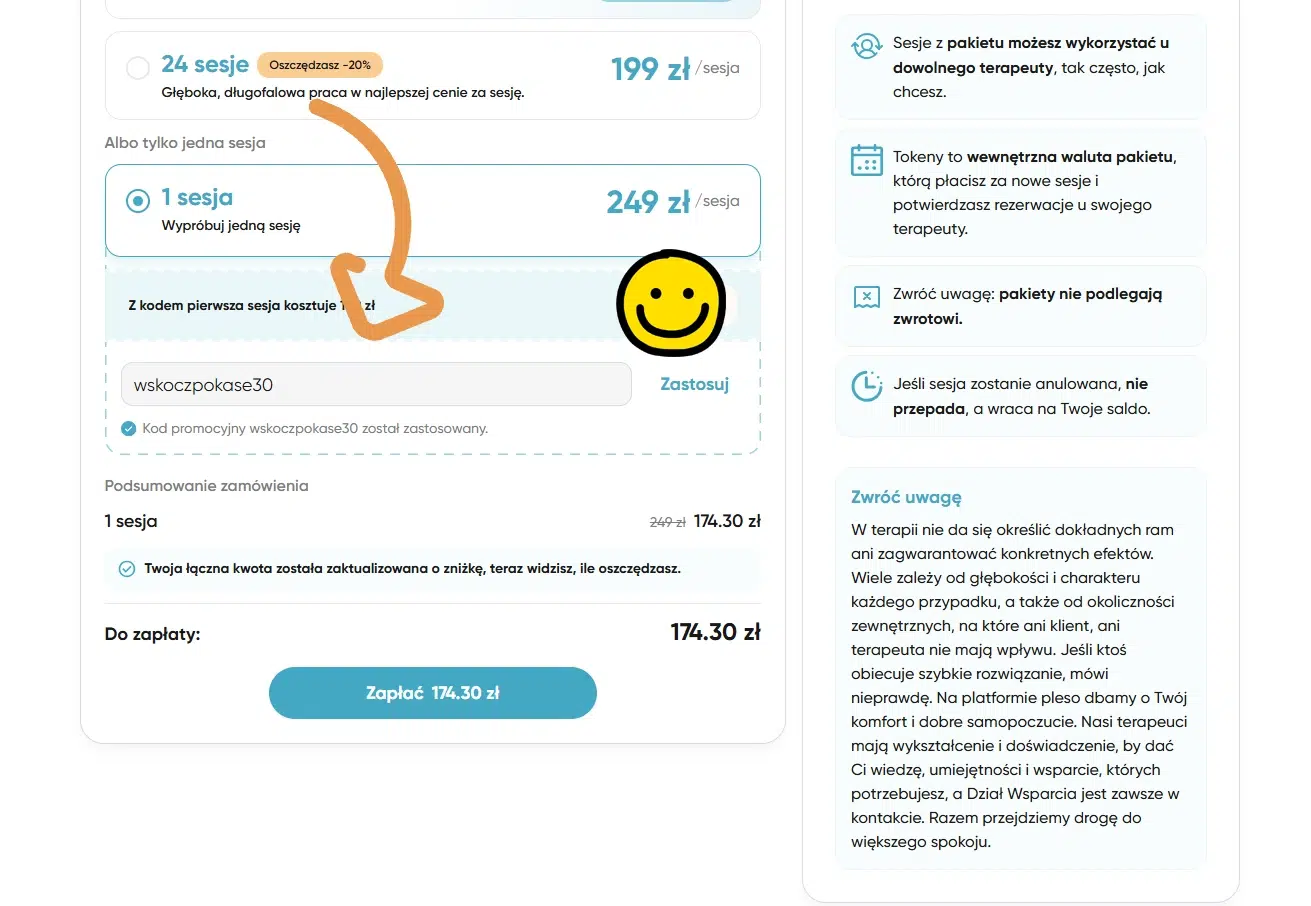 Widok płatności w Pleso Therapy z aktywnym kodem rabatowym WSKOCZPOKASE30, który obniża cenę pierwszej sesji psychoterapii online z 249 zł do 174,30 zł.