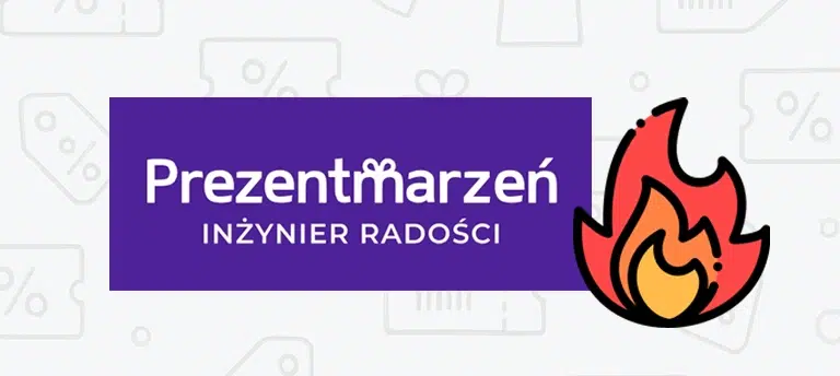 Grafika przedstawiająca logo Prezentmarzeń, dotycząca aktualnych kodów rabatowych, promocji i ofert specjalnych dostępnych w serwisie Prezentmarzeń.