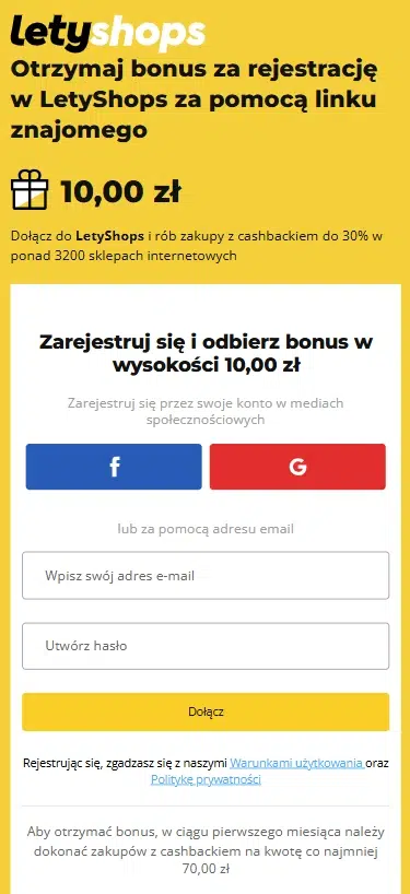 Mobilny widok strony rejestracji LetyShops z bonusem 10 zł za założenie konta z linku polecającego i spełnienie warunku zakupów z cashbackiem.
