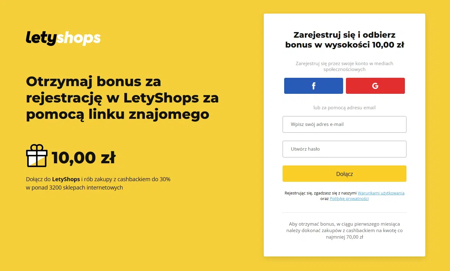 Widok strony rejestracji LetyShops z bonusem 10 zł za założenie konta z linku polecającego i spełnienie warunku zakupów z cashbackiem.