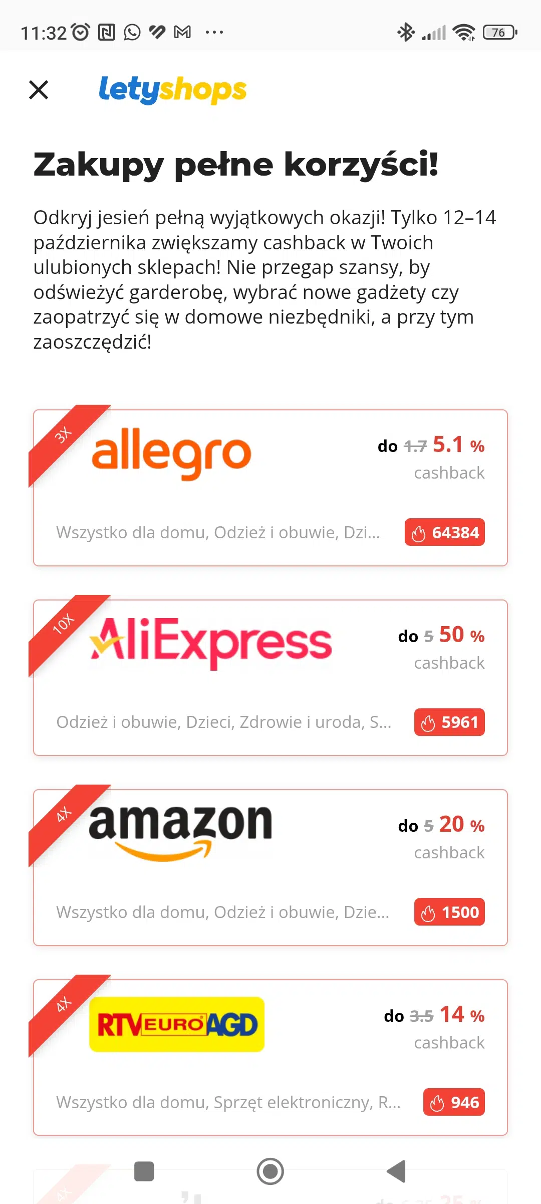 Mobilny widok akcji LetyDays w LetyShops, prezentujący podwyższony cashback w dniach 12–14 października 2026 roku m.in. w Allegro, AliExpress, Amazon i RTV Euro AGD.