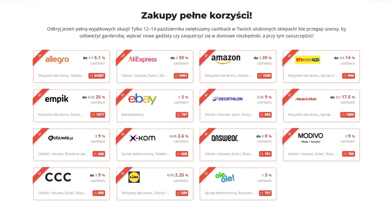 Grafika prezentująca sklepy biorące udział w akcji LetyDays w październiku 2026 roku, m.in. Allegro, AliExpress, Amazon, Empik, MediaMarkt, Decathlon i x-kom, z czasowo podwyższonym cashbackiem od 12 do 14 października.