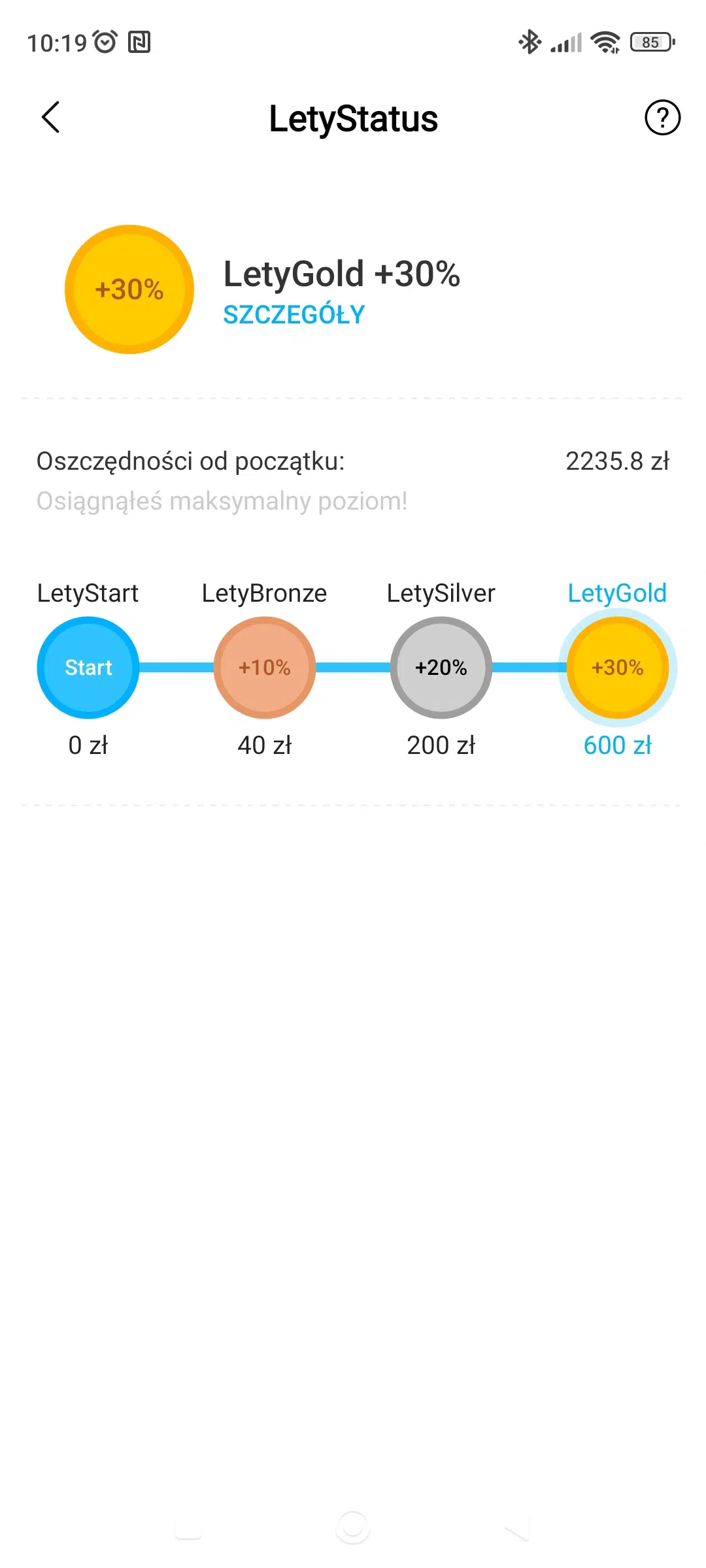 Mobilny widok statusu LetyGold w LetyShops, pokazujący najwyższy poziom programu lojalnościowego z bonusem +30% do podstawowej stawki cashbacku po osiągnięciu 600 zł oszczędności.